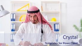  Presentation with cooperative cooperation at new project - Slide deck consisting of islamic engineering - arab engineer working on new background and a lemonade colored foreground