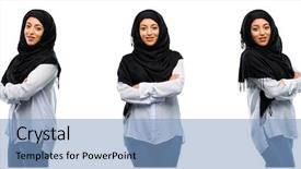  Presentation with hijab - Presentation design featuring islamic fashion - arab woman wearing hijab background and a light blue colored foreground