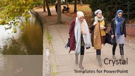  Presentation with british - Presentation theme enhanced with islamic hijab women - british muslim female friends walking background and a  colored foreground