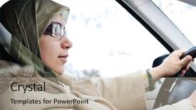  Presentation with arabic woman - Cool new slide deck with islamic law - arabic muslim woman driving car backdrop and a mint green colored foreground