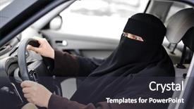  Presentation with arabic woman - Slide set with islamic law - arabic muslim woman driving background and a dark gray colored foreground