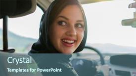  Presentation with self driving car - Audience pleasing PPT theme consisting of islamic law - happy muslim woman driving car backdrop and a ocean colored foreground