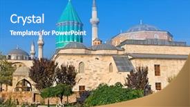  Presentation with masjid is the principal mosque - Slide deck having islamic saint - mevlana museum mosque in konya background and a teal colored foreground