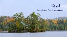  Presentation with cabin in the forest - Presentation enhanced with island on a scenic lake background and a sky blue colored foreground