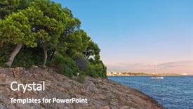  Presentation with pine trees sun shining through - PPT layouts having island spain mediterranean sea balearic background and a gray colored foreground
