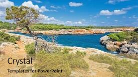  Presentation with turquoise beach - Slide set consisting of island spain mediterranean sea balearic background and a yellow colored foreground