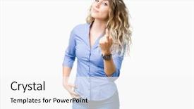  Presentation with young business woman smile show - Cool new presentation design with isolated background beckoning come here backdrop and a white colored foreground