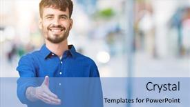  Presentation with friendly - Cool new presentation with isolated background smiling friendly offering backdrop and a teal colored foreground