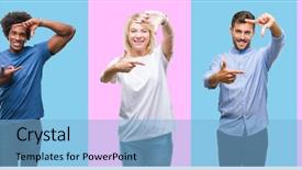  Presentation with casual young people - Audience pleasing PPT theme consisting of isolated background smiling making frame backdrop and a light blue colored foreground