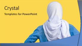  Presentation with woman body - Colorful slide set enhanced with isolated background standing backwards backdrop and a yellow colored foreground