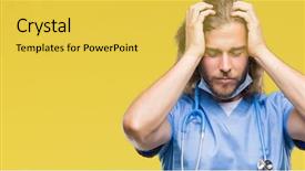  Presentation with man head in hands - Amazing PPT theme having isolated background suffering from headache backdrop and a yellow colored foreground