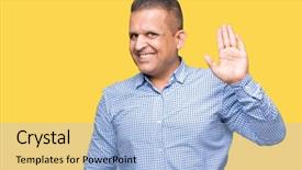  Presentation with business hello - Colorful slide set enhanced with isolated background waiving saying hello backdrop and a light blue colored foreground