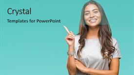  Presentation with beautiful young woman getting face - PPT layouts with isolated background with a big background and a seafoam green colored foreground