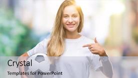  Presentation with blonde holding magnifying glass - Cool new slide deck with isolated background with surprise face backdrop and a lemonade colored foreground