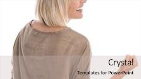  Presentation with courage - Colorful PPT layouts enhanced with isolated blond middle aged woman making fist concept for success and courage backdrop and a soft green colored foreground