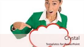  Presentation with forefinger - Colorful slides enhanced with isolated business woman in green pointing with her forefinger on a empty white advertising board backdrop and a lemonade colored foreground