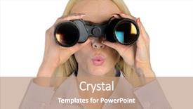  Presentation with business asurance - Colorful presentation design enhanced with isolated business woman with binoculars backdrop and a coral colored foreground