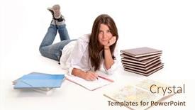  Presentation with geography - Colorful slides enhanced with isolated image of a young girl studying geography lying on the floor backdrop and a cream colored foreground