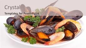  Presentation with shrimp - Beautiful presentation theme featuring isolated-mussel-and-shrimp-soup backdrop and a soft green colored foreground