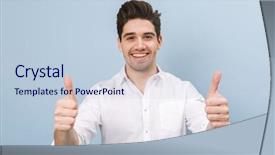  Presentation with young man on the phone - Cool new slide deck with isolated over blue background giving backdrop and a lemonade colored foreground