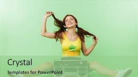  Presentation with happy image - Cool new slides with isolated over green wall background backdrop and a mint green colored foreground