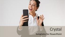  Presentation with happy image - PPT theme having isolated over white wall backgound background and a light gray colored foreground