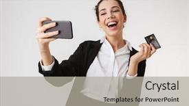  Presentation with happy image - Cool new slide deck with isolated over white wall backgound backdrop and a light gray colored foreground