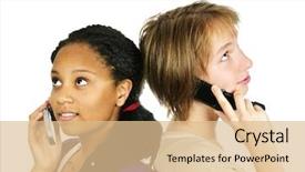  Presentation with cell phones - Theme having isolated portrait of two teenage girls with cell phones background and a lemonade colored foreground
