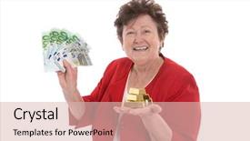  Presentation with pension - Amazing slides having isolated senior woman with money and gold concept for pension and heritage backdrop and a lemonade colored foreground