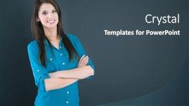  Presentation with dark blue - Beautiful theme featuring isolated smiling woman on a dark blue background backdrop and a ocean colored foreground