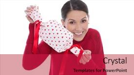  Presentation with hands holding - Presentation theme having isolated smiling young woman in red holding a present with hearts in her hands background and a crimson colored foreground