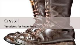  Presentation with combat boots - Slide set having isolated used combat leather boots background and a light gray colored foreground