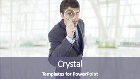  Presentation with business man climbs up to the top of 3d success stairs steps - PPT layouts consisting of isolated young business man with magnifying glass at the office background and a gray colored foreground