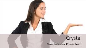  Presentation with young business woman smile show - PPT theme with isolated young business woman presenting background and a light gray colored foreground