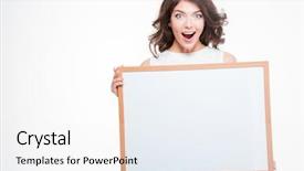  Presentation with airport boarding board - Cool new PPT theme with isolation signs - cheerful woman holding blank board backdrop and a white colored foreground