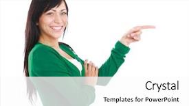  Presentation with it pain points - Colorful theme enhanced with isolation signs - young smiling woman points backdrop and a  colored foreground