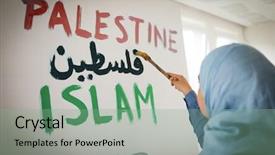  Presentation with arabic patterns - PPT theme featuring israel palestine conflict - arabic muslim girl with palestinian background and a seafoam green colored foreground