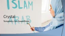  Presentation with arabic writing - Slide set consisting of israel palestine conflict - arabic muslim girl writing messages background and a sky blue colored foreground