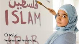  Presentation with arabic writing - Theme with israel palestine conflict - arabic muslim girl writing messages background and a light gray colored foreground