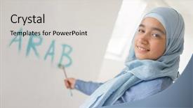  Presentation with arabic writing - Amazing PPT layouts having israel palestine conflict - arabic muslim girl writing messages backdrop and a light gray colored foreground