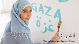  Presentation with arabic writing - Beautiful theme featuring israel palestine conflict - arabic muslim girl writing messages backdrop and a soft green colored foreground