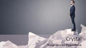  Presentation with pile - Cool new theme with issues challenges - thoughtful young businessman standing backdrop and a light gray colored foreground