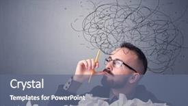  Presentation with head - Beautiful PPT theme featuring issues challenges - young businessman sitting behind crumpled backdrop and a ocean colored foreground