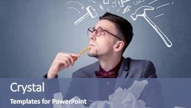  Presentation with crumpled paper various balls - Slide deck consisting of issues challenges - young businessman sitting behind crumpled background and a ocean colored foreground