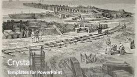  Presentation with port - Audience pleasing PPT theme consisting of isthmus - antique illustration of railway station backdrop and a gray colored foreground