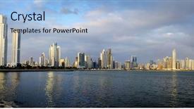  Presentation with city buildings - Slide deck consisting of isthmus - detail panorama of panama city background and a light blue colored foreground