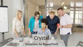  Presentation with casual young people - Colorful PPT layouts enhanced with multiracial group of young diverse people in casual clothing standing around table with coworker using laptop and watching it all together with great interest backdrop and a light gray colored foreground