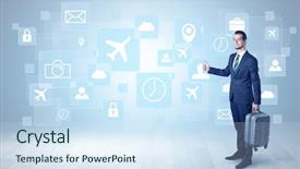  Presentation with business travel - Presentation with it department - businessman departs to a business background and a sky blue colored foreground