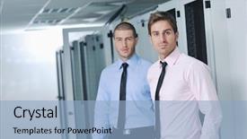  Presentation with group support - Colorful slide deck enhanced with it engineer in network server backdrop and a  colored foreground