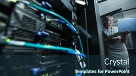  Presentation with diagnostics - PPT theme enhanced with it-engineer-standing-amid-working background and a ocean colored foreground